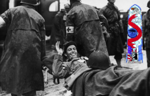 US soldier being carried on a stretcher + Stained glass window with the 101st Airborne Division's insignia and the Statue of Liberty