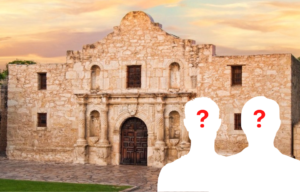 Exterior of the chapel at the Alamo + Two male silhouettes with question marks over their faces