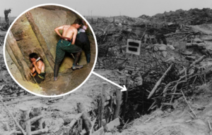 Damaged German trench + British soldiers digging into the ground