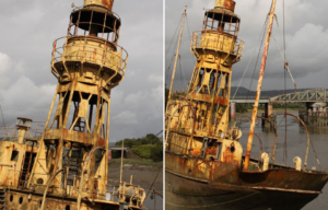 Close-up of Light Vessel 72's light tower + Light Vessel 72 moored along the river Neath