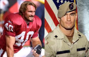 Pat Tillman kneeling in his football uniform + Military portrait of Pat Tillman