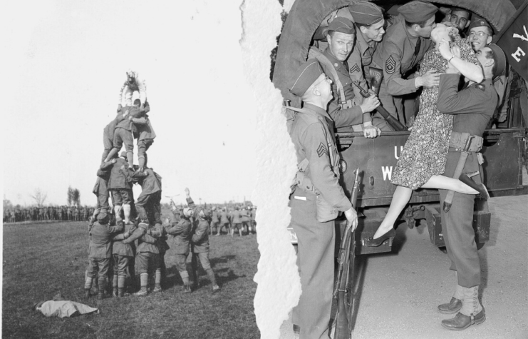 Soldiers making a human pyramid + Soldiers lifting a woman up to kiss their comrade in the back of a truck