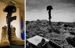 Battlefield Cross in a room + Battlefield Cross in the middle of a debris-strewn field