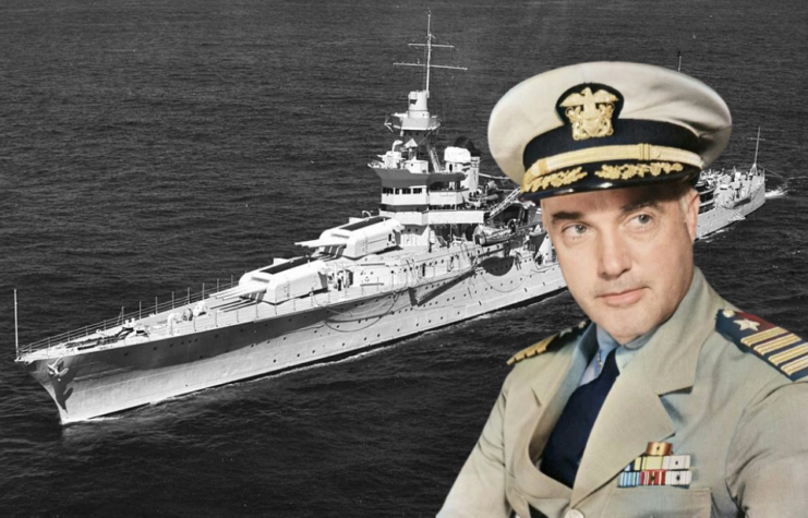 USS Indianapolis (CA-35) at sea + Military portrait of Charles McVay III