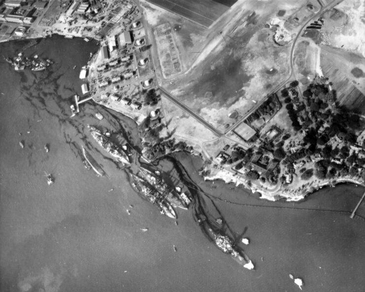 Aerial view of Battleship Row at Pearl Harbor