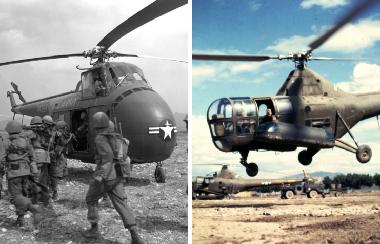 Troops walking toward a Sikorsky H-19 Chickasaw + Sikorsky H-5 Dragonfly taking off