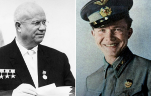 Nikita Khrushchev holding papers + Military portrait of Leonid Khrushchev