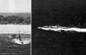 USS Harder (SS-257) sailing close to shore + USS Harder (SS-257) at sea