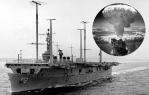 USS Wright (CC-2) at sea + Mushroom cloud rising into the sky