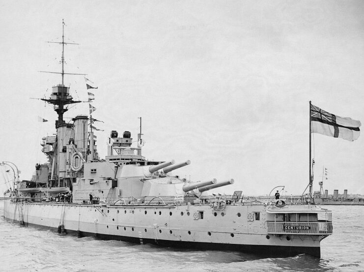 HMS Centurion (1911) anchored offshore