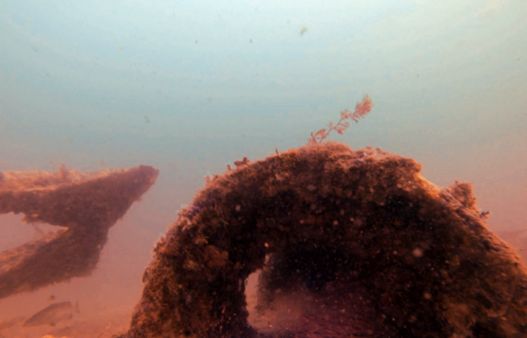 Remnants of a sunken ship on the ocean floor