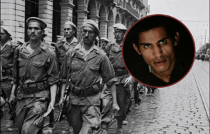 French paratroopers marching along a street + Close-up of a man's face