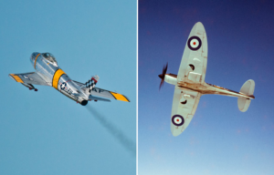 North American F-86 Sabre taking off + Supermarine Spitfire in flight