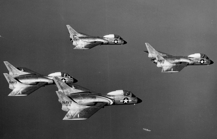 Four Vought F7U-3 Cutlasses in flight