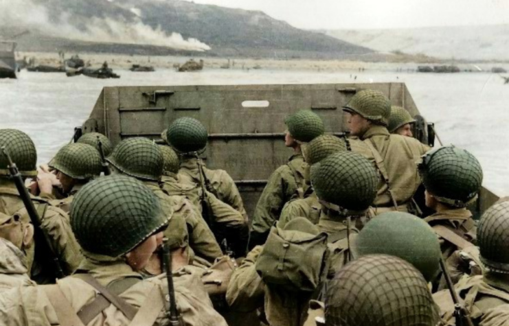 American personnel approaching Omaha Beach aboard a Higgins boat