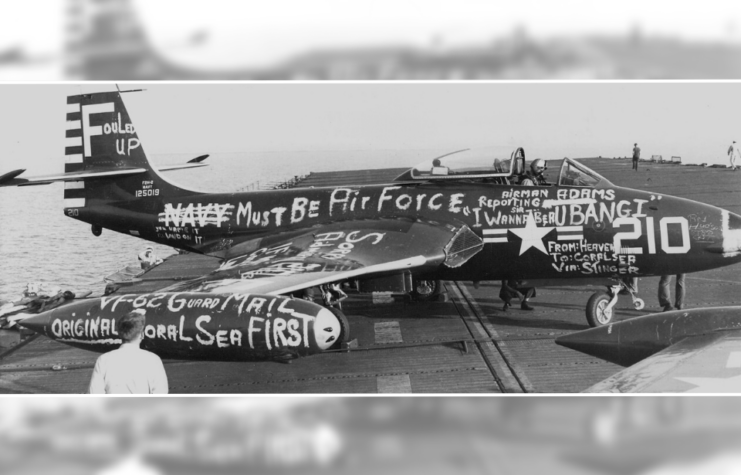 McDonnell F2H-2 Banshee with Fighter Squadron 62 (VF-62) parked on the flight deck of the USS Wasp (CV-18)