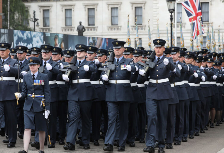 Royal Air Force (RAF) personnel marching together
