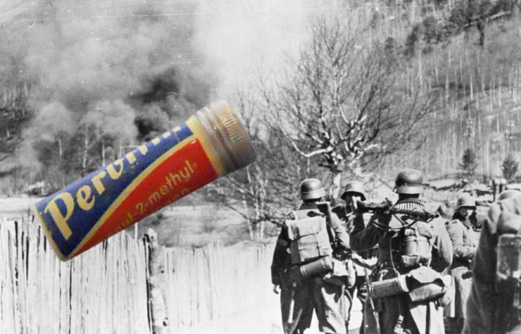 German infantrymen making an advance + Capsule of Pervitin tablets