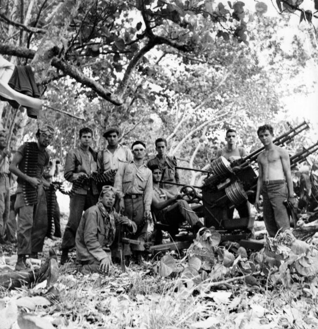 Nine members of Fidel Castro's militia standing with a weapon in a wooded area