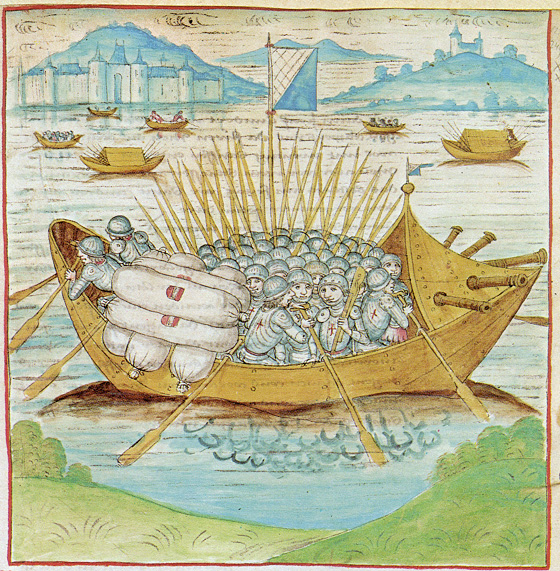 Drawing of large group of men in silver armor in wooden boat with many spears and ores on blue water. Some boats can be seen in the background and the outline of a castle on the hill is far in the distance.