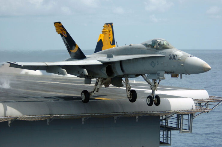 F-18 Hornet taking off from an aircraft carrier. 