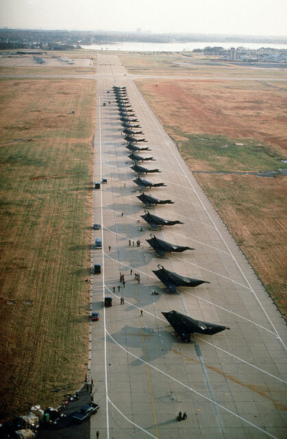 Lockheed F-117A Nighthawks lined up on a runway