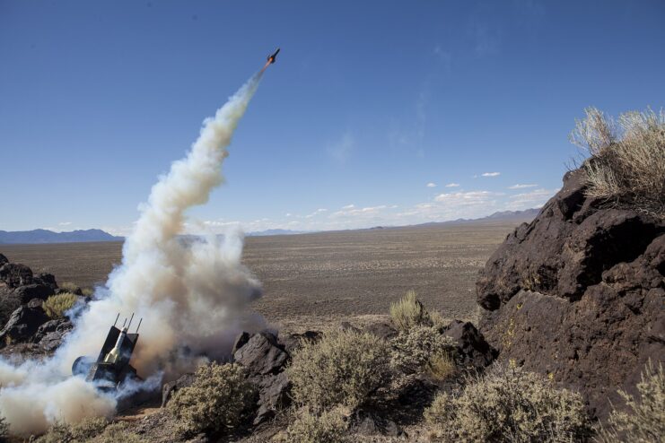 Simulated air-to-surface missile being fired into the Nevada desert
