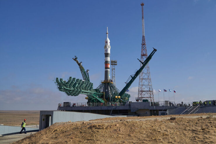Soyuz-2.1a launch vehicle preparing to be deployed