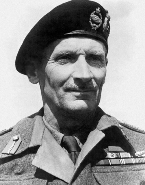 Black and white portrait of Montgomery in uniform and a beret. 