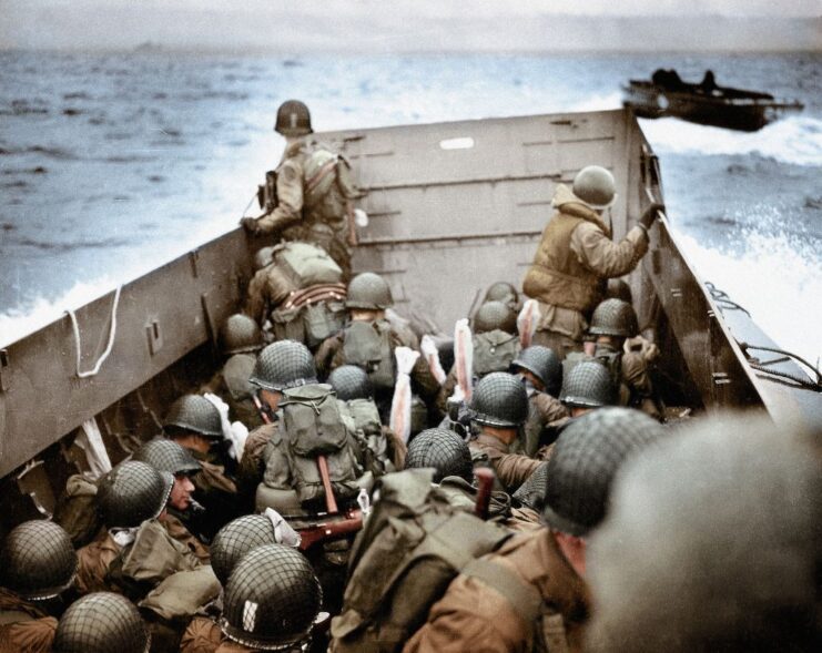 Troops in a Landing Craft, Vehicle, Personnel (LCVP) at sea