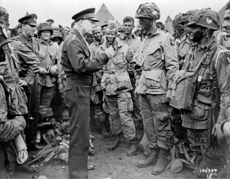 Dwight D. Eisenhower addressing a crowd of Allied troops