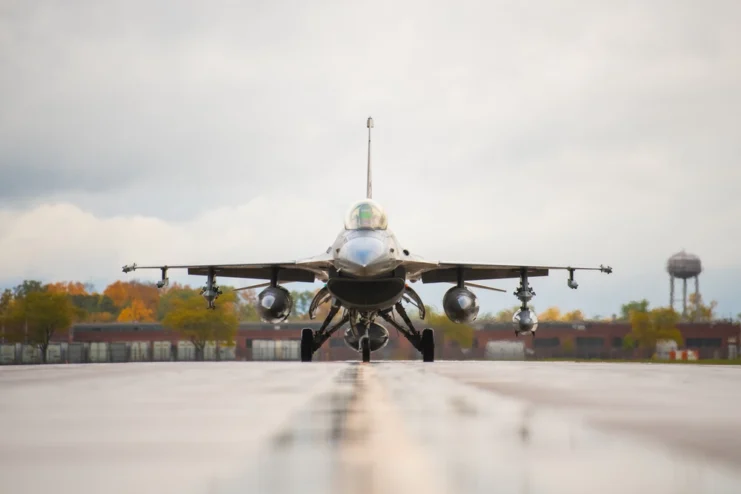 F-16 front view on a tarmac. 