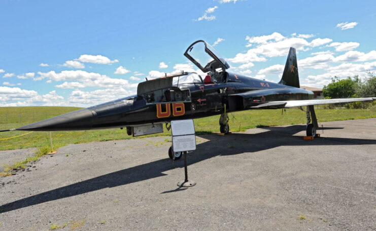 Northrop F5-E, painted to look like an MiG-28, on display outside