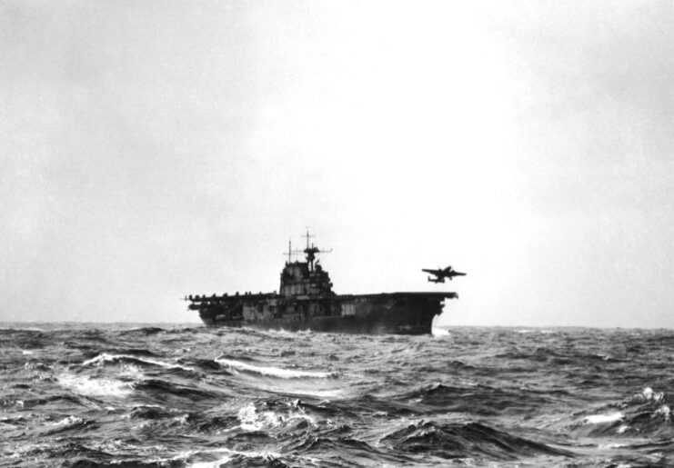 B-52B Bomber launching off of the USS Hornet (CV-8).