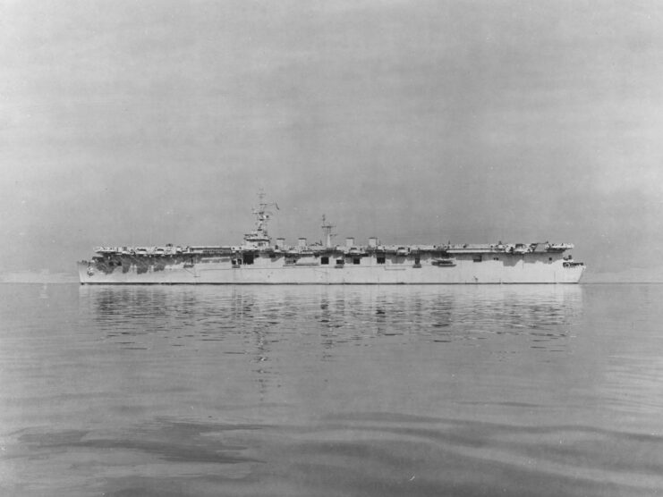 Side-facing view of USS Wright. Black and white. 