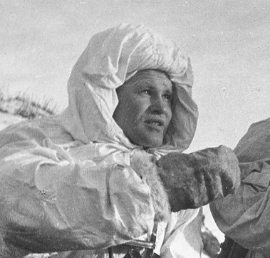 Vasili Zaitsev wearing a white military uniform during the Battle of Stalingrad. Black and white. 