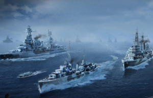 Promotional art featuring World War II-era warships at sea