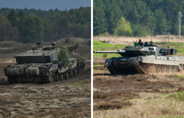 Challenger 2 driving up a small dirt hill + Leopard 2A7+ driving through a field