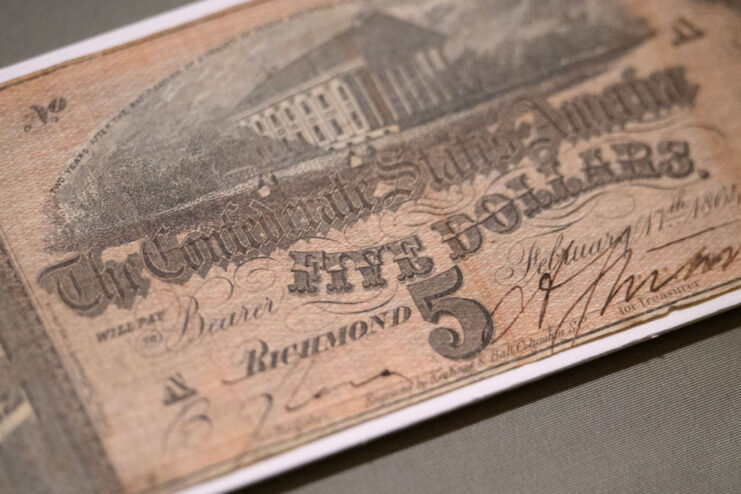 Close-up of a $5.00 Confederate bill