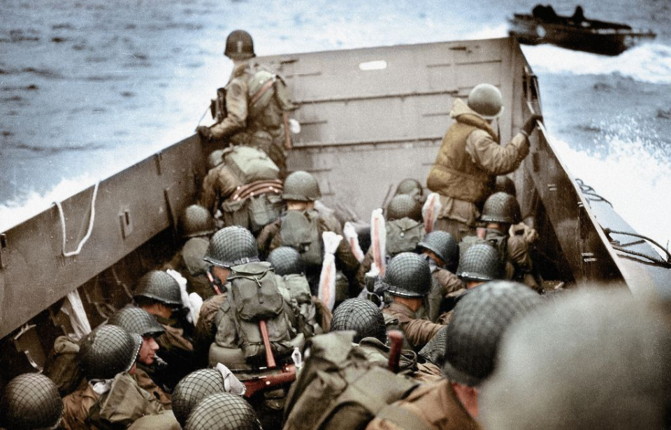 American troops riding in a Landing Craft, Vehicle, Personnel (LCVP)