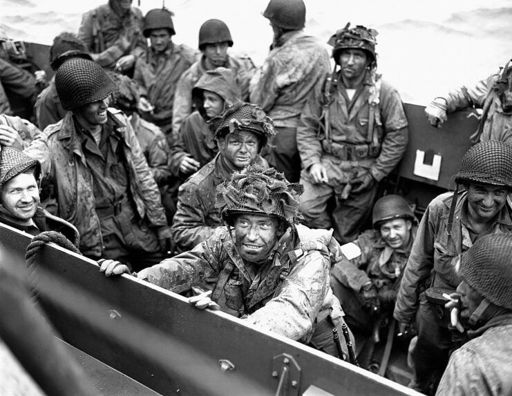 Troops sitting in a landing craft