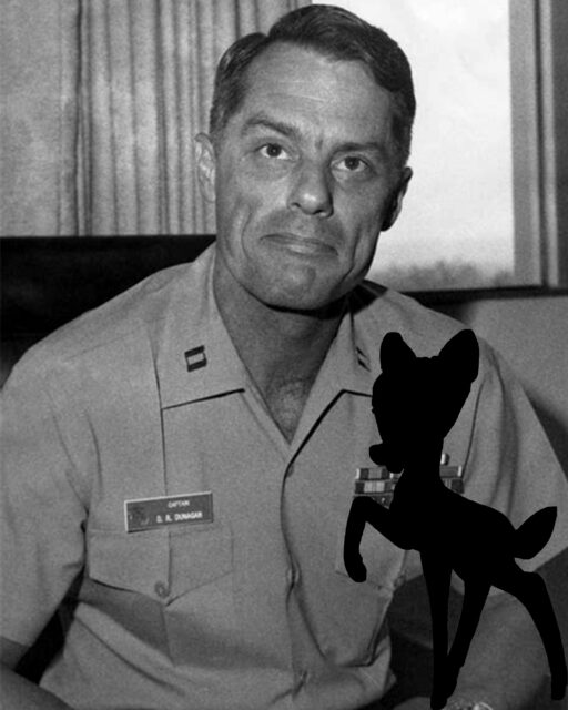 Silhouette of Bambi overlaid on a photo of Donnie Dunagan in his US Marine Corps uniform