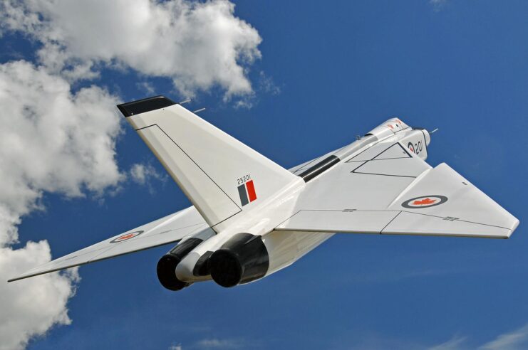 Model of the Avro Arrow in front of a blue sky. 