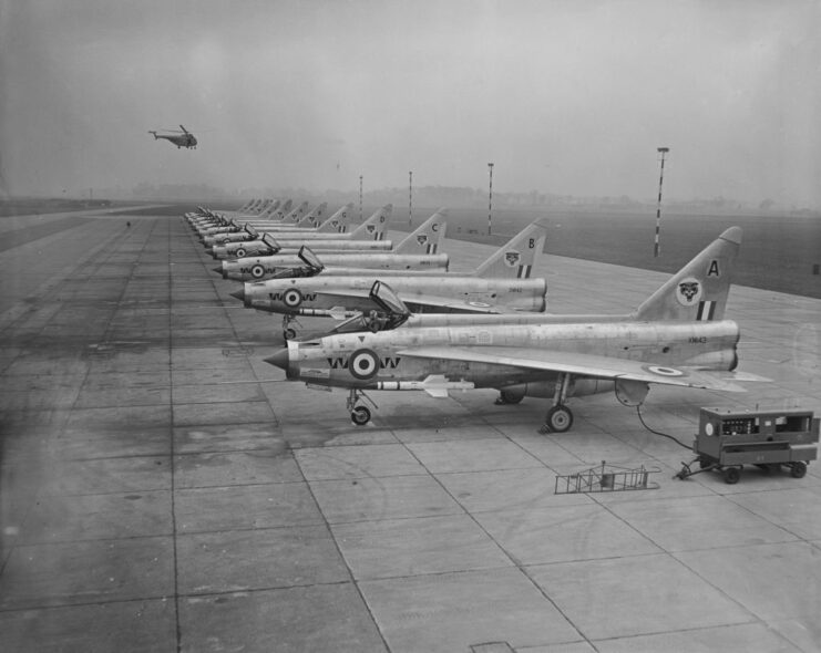 English Electric Lightning F1s lined up on a runway