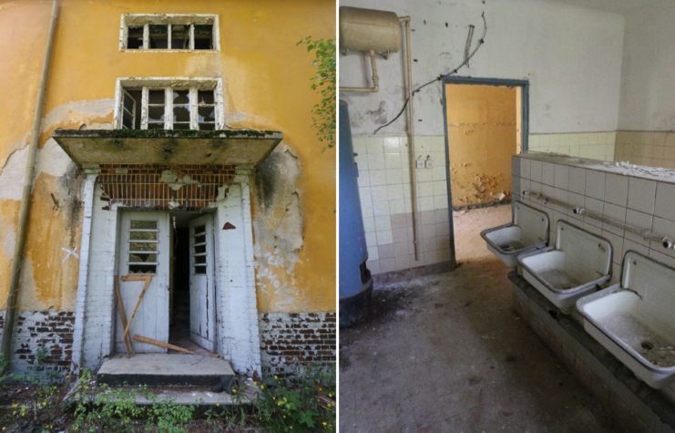 Entrance to Forst Zinna + Sinks lined against a wall in a communal bathroom