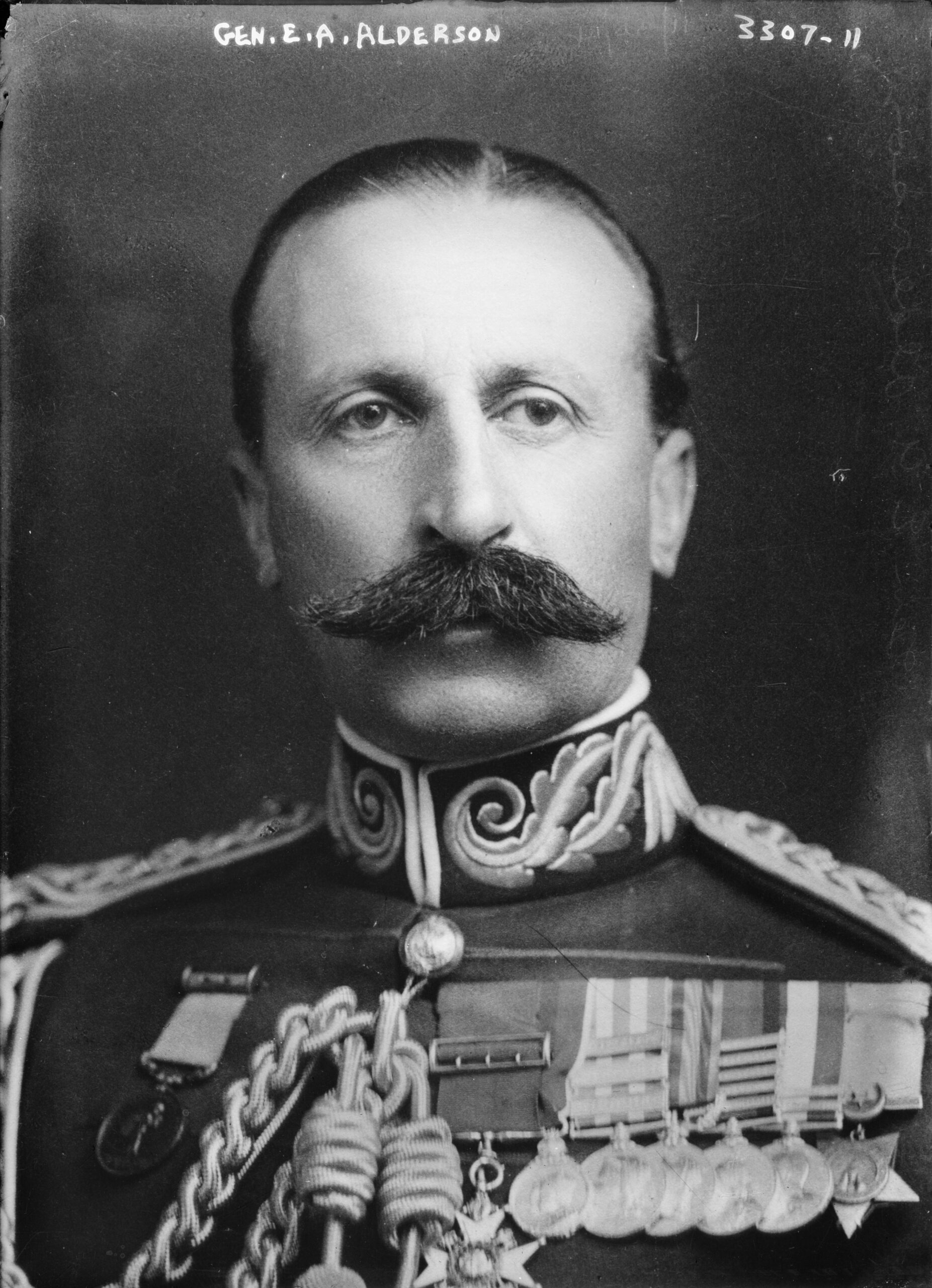 Black and white. Portrait of Lieutenant General Sir Edwin Alfred Hervey Alderson in military uniform. 