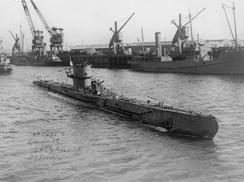 Black and white. German U-boat entering a dock.