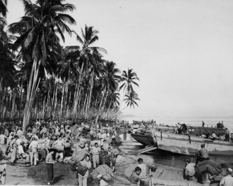 US Marines standing on a beach on Guadalcanal