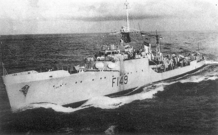 Black and white side view of the INS Khukri. 