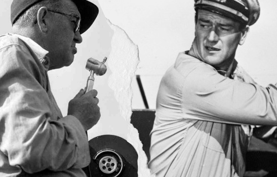 John Ford holding a microphone up to his mouth + John Wayne as LTJR. "Rusty" Ryan in 'They Were Expendable'